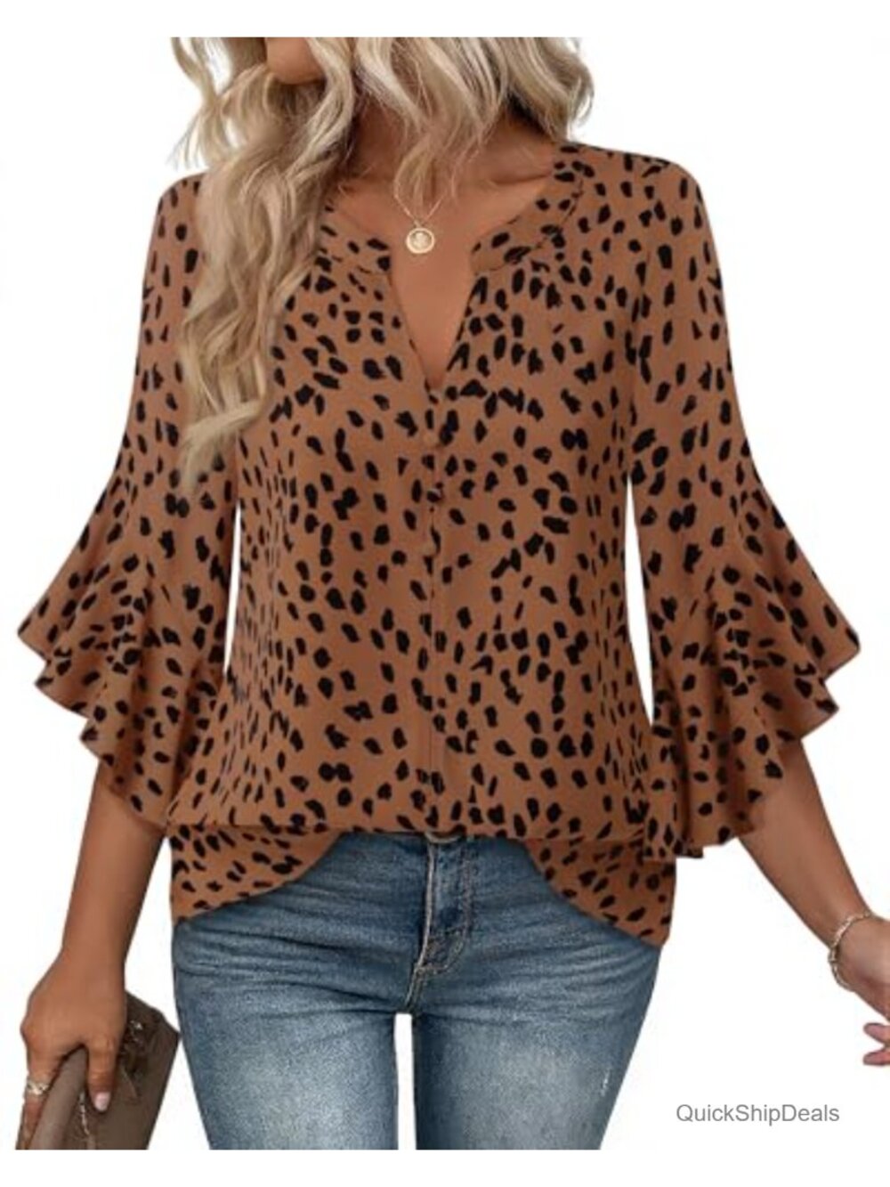 Womens Ruffle 3/4 Sleeve Henley V Neck Chiffon Blouse Button Tunic Top